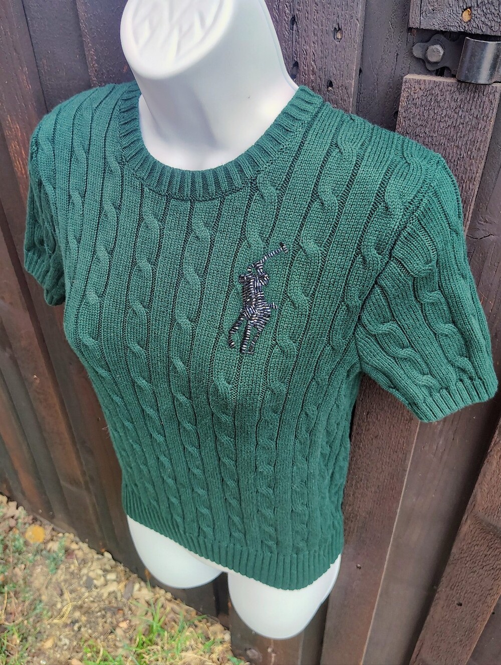 Green Cable Knit Short Sleeve Sweater with Beaded Pony